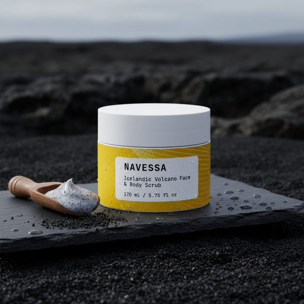 Close-up of Icelandic Volcano scrub texture, creamy formula with volcanic sand particles.