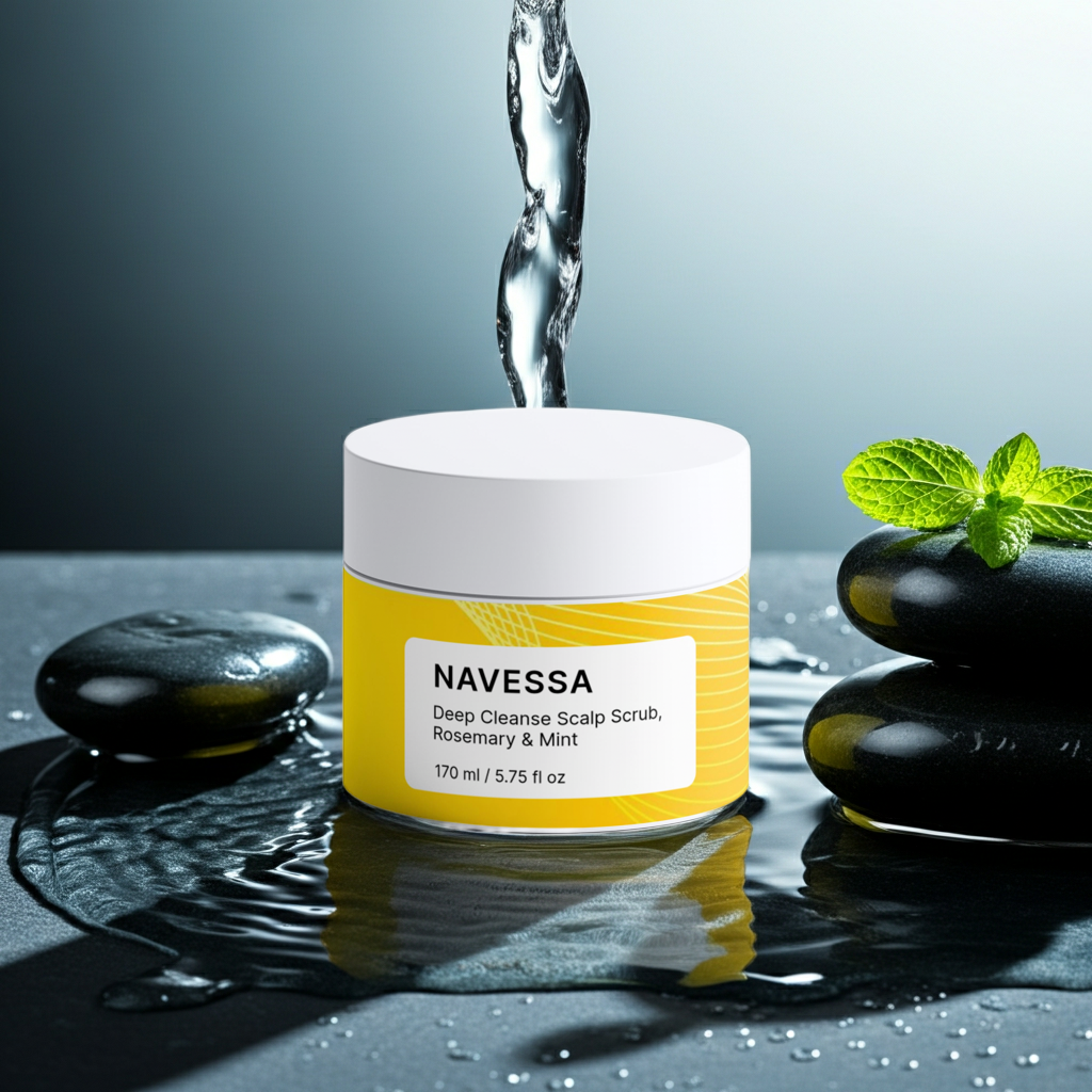 Exfoliating scalp scrub with rosemary and mint, perfect for refreshing hair routine.