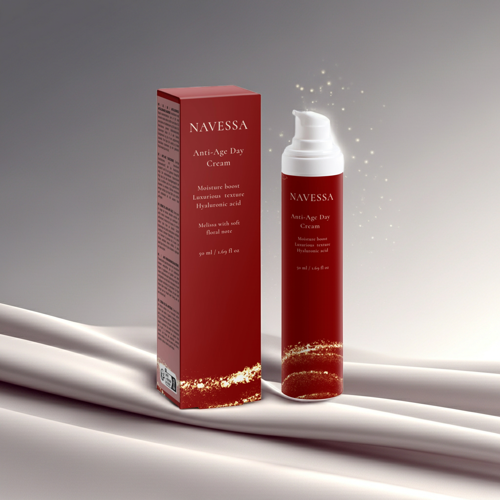 Close-up of Navessa Anti-Age Day Cream jar with elegant packaging and clear label.