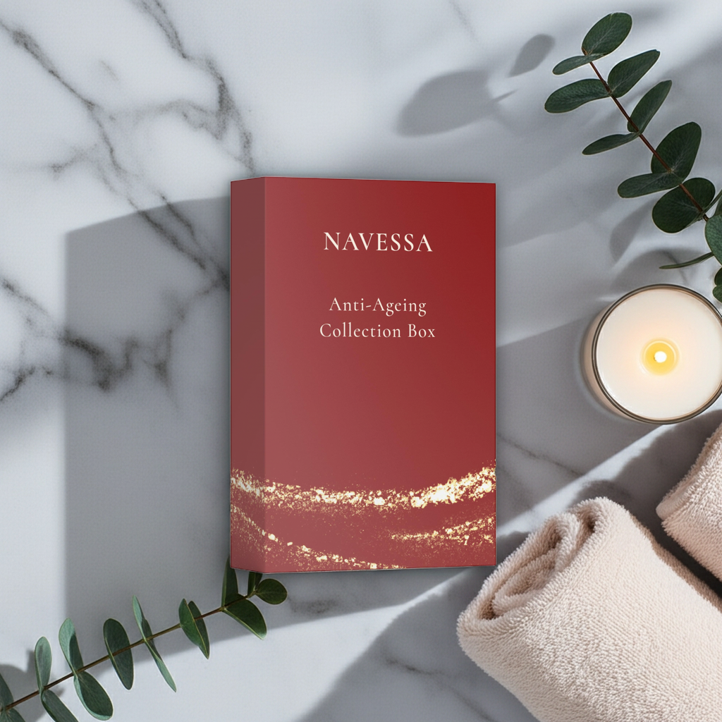 Navessa Anti-Ageing Collection Box with three-step premium skincare set for mature and radiant skin.