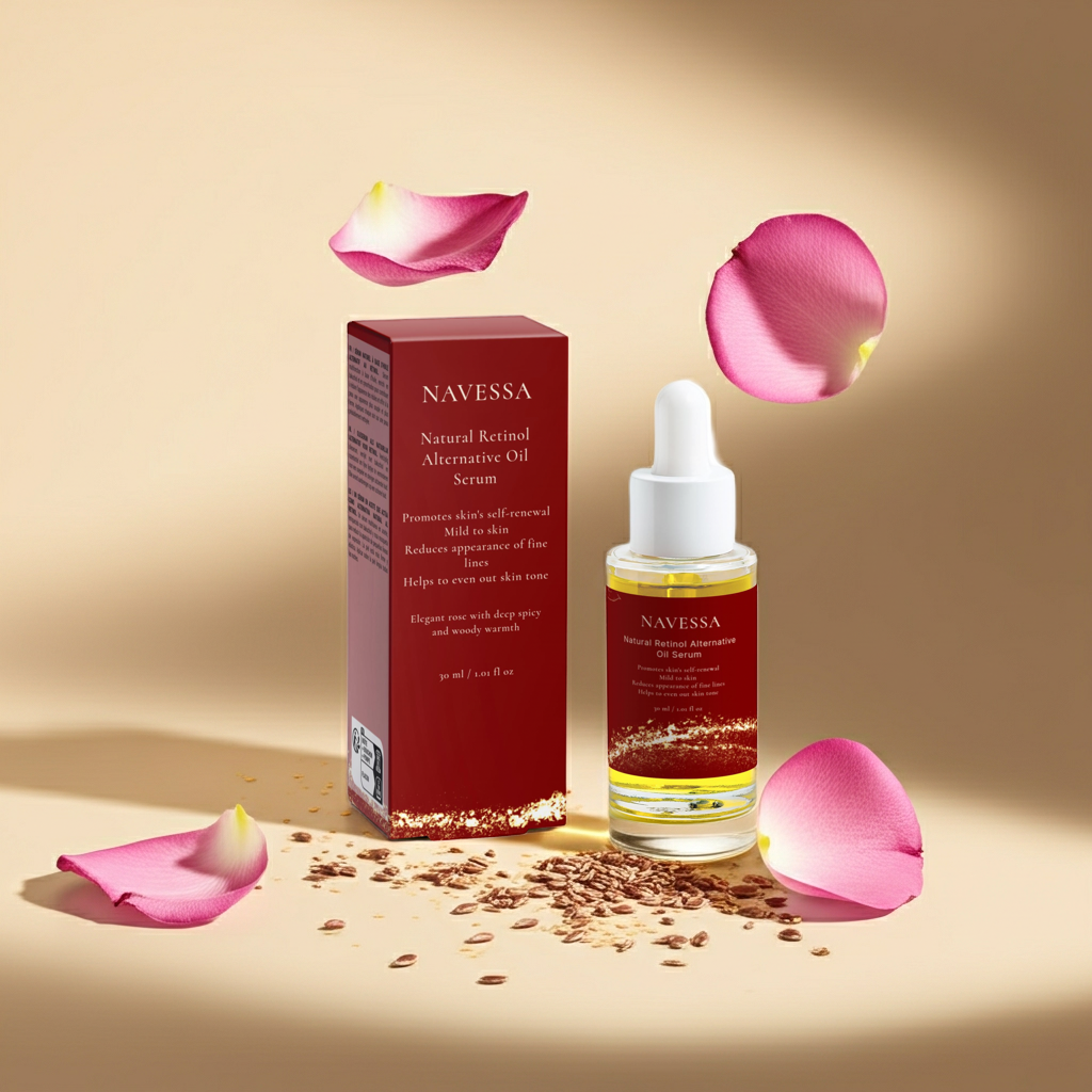 Navessa Natural Retinol Alternative Oil Serum 30ml – vegan, fragrance-free formula targeting fine lines and uneven skin tone.