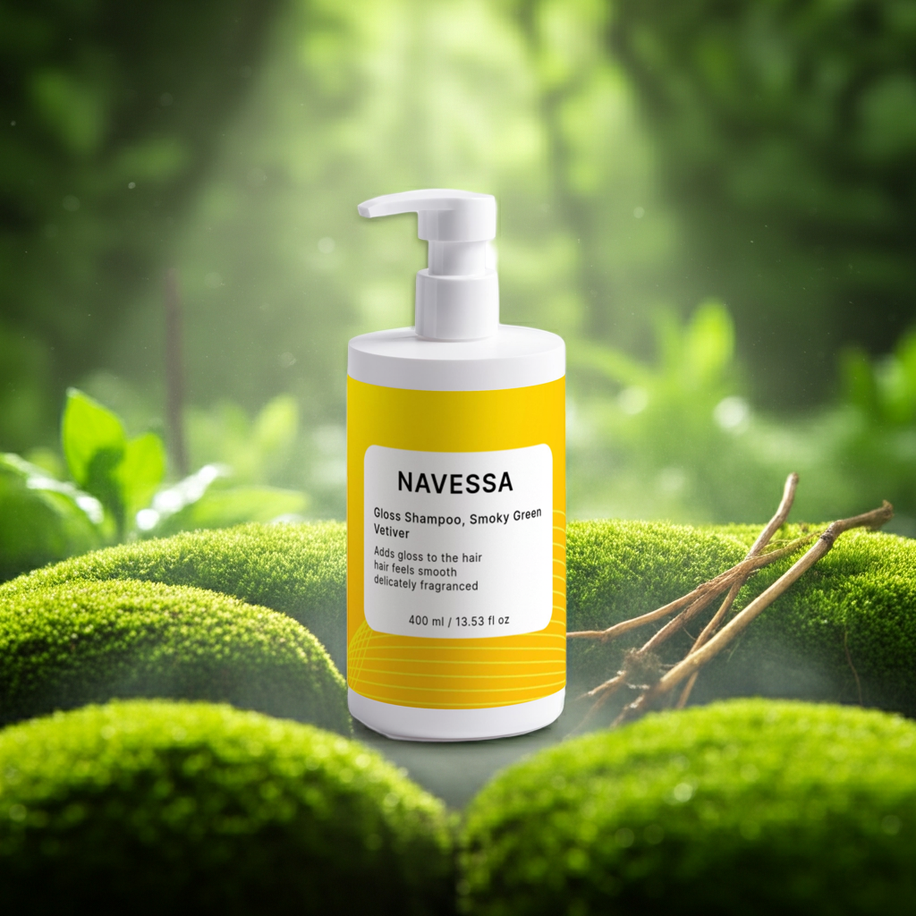 Gloss Shampoo Smoky Green Vetiver 400 ml bottle with sleek white packaging and minimalistic label design.