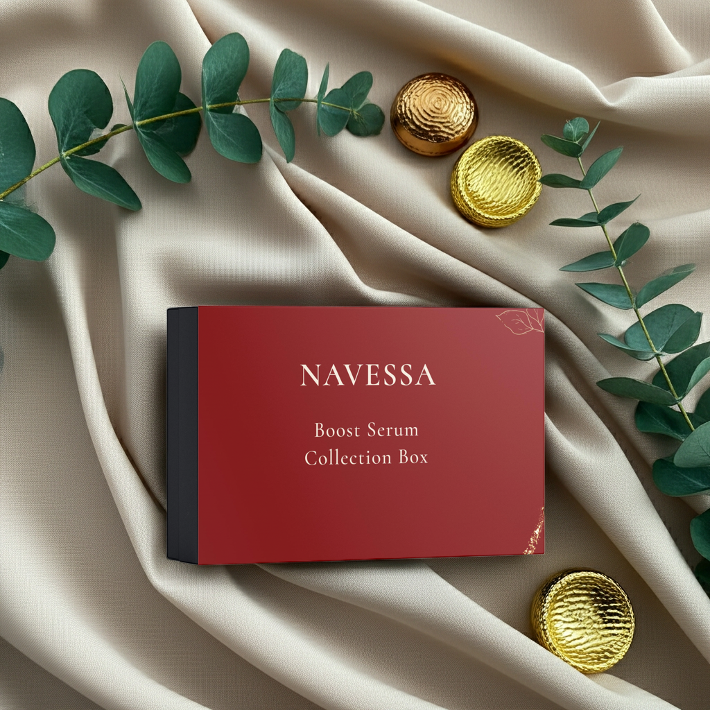 Navessa Boost Serum Collection Box – elegant packaging featuring three premium serums for firming and radiance.