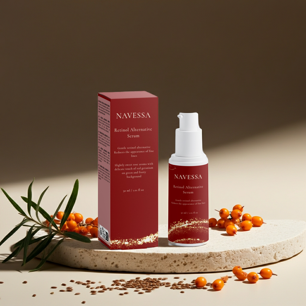 Navessa Retinol Alternative Serum 30ml – vegan, fragrance-free formula targeting fine lines and uneven skin tone.