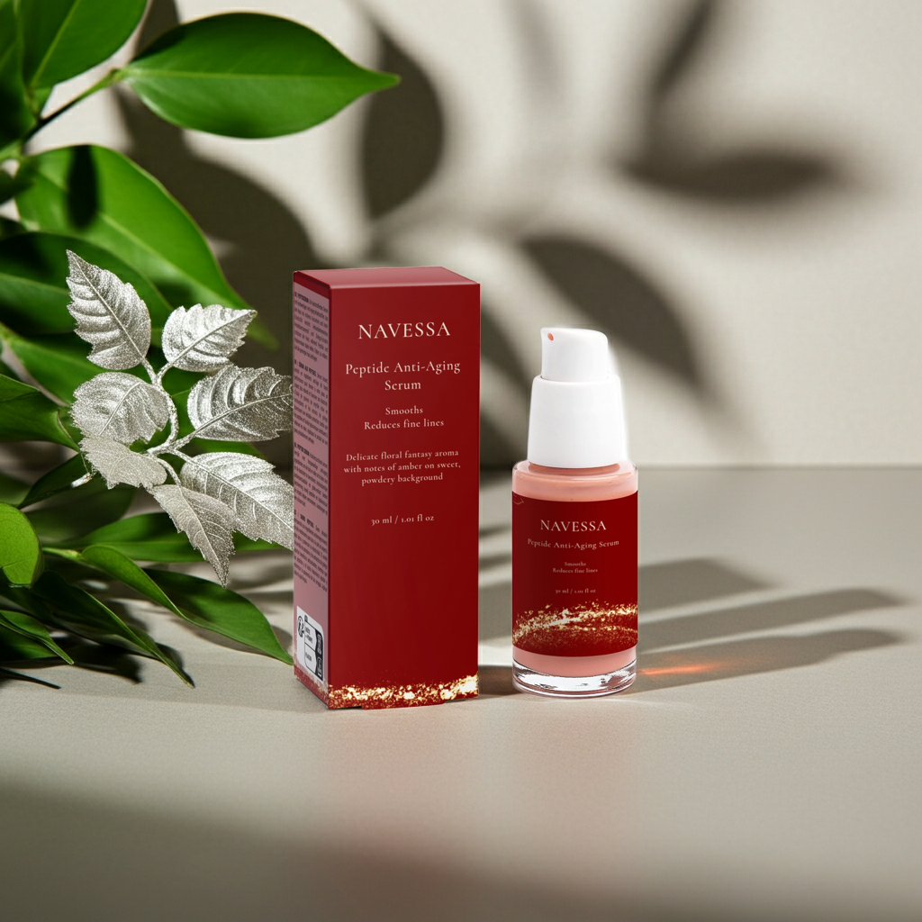 Close-up of Navessa Peptide Anti-Aging Serum bottle with sleek, modern packaging and clear label.