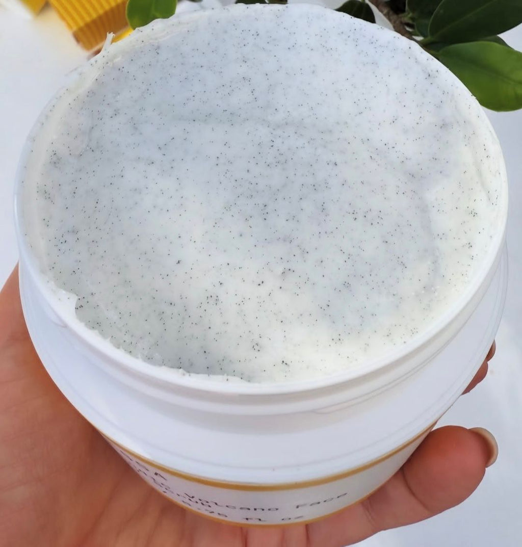 Jar of Icelandic Volcano scrub with volcanic sand, gentle exfoliation for face and body.