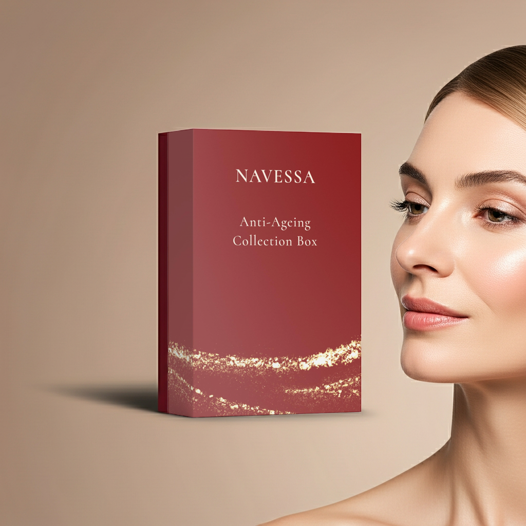 Navessa Anti-Ageing Collection Box – elegant packaging featuring three premium skincare products for mature skin.