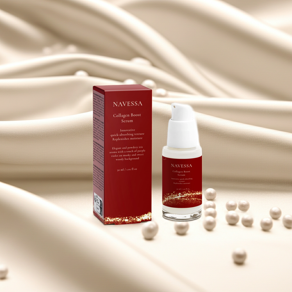 Navessa Collagen Boost Serum 30ml – vegan, fragrance-free formula targeting fine lines and uneven skin tone.